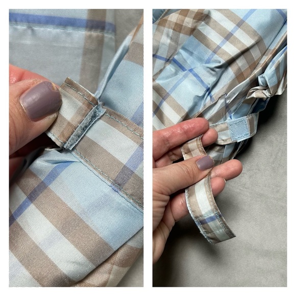 Vintage Burberry blue brown plaid collapsible umbrella wood handle storage bag - Picture 14 of 15